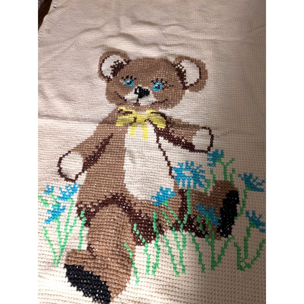 Vtg. Handmade Crochet Afghan Throw Teddy Bear & Flowers Cream Brown 36"x48"